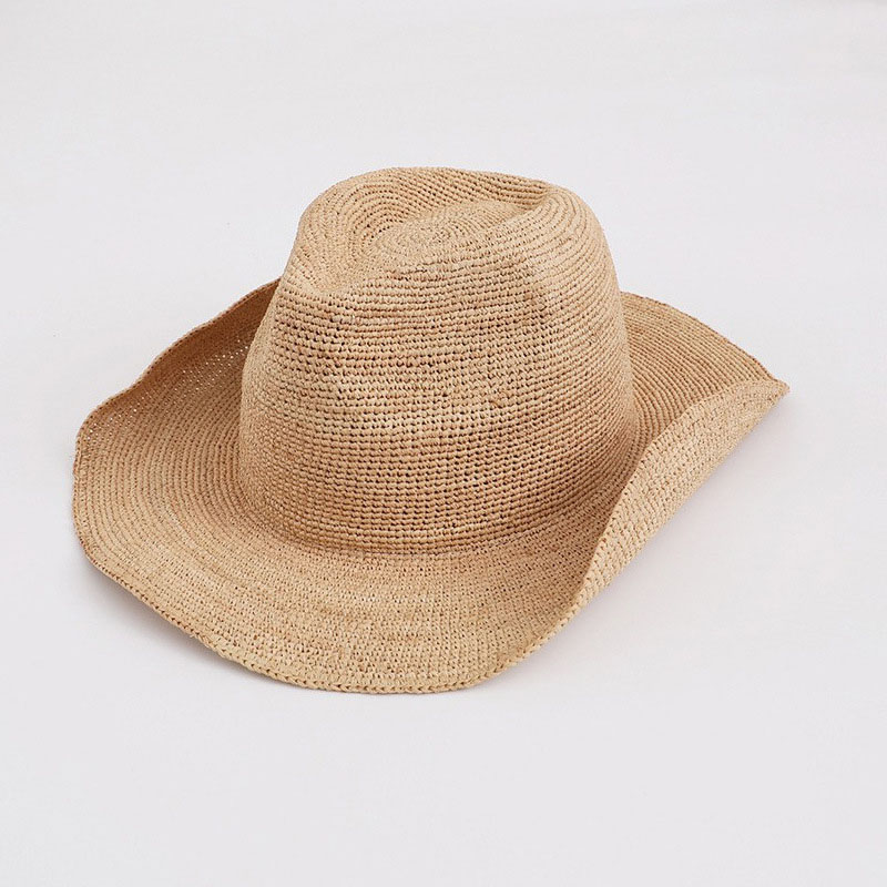 Cowboy Hat Straw - หมวกฟางใยปาล์มธรรมชาติสำหรับผู้หญิงหมวกปานามากันแดดชายหาดกว้างหมวกคาวบอยธารน้ำแข็ง Topi Bucket ฤดูร้อนหมวกบังแดดหรูหรา