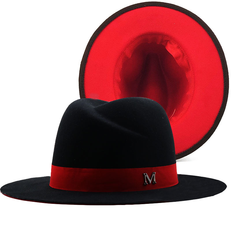Fedora Hat Wool - ใหม่ด้านนอกสีดำด้านในสีแดงขนสัตว์ Felt Jazz Fedora หมวกบางเข็มขัดผู้ชายผู้ชายผู้หญิงกว้าง Brim