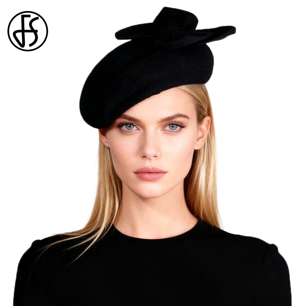 Beret French Wool - หมวกเบเร่ต์ฝรั่งเศสผ้าขนสัตว์สีดำขาว FS พร้อมโบว์ หมวกสำหรับผู้หญิง สไตล์หรูหราสำหรับงานเลี้ยงน้ำชา หมวกแฟชั่น