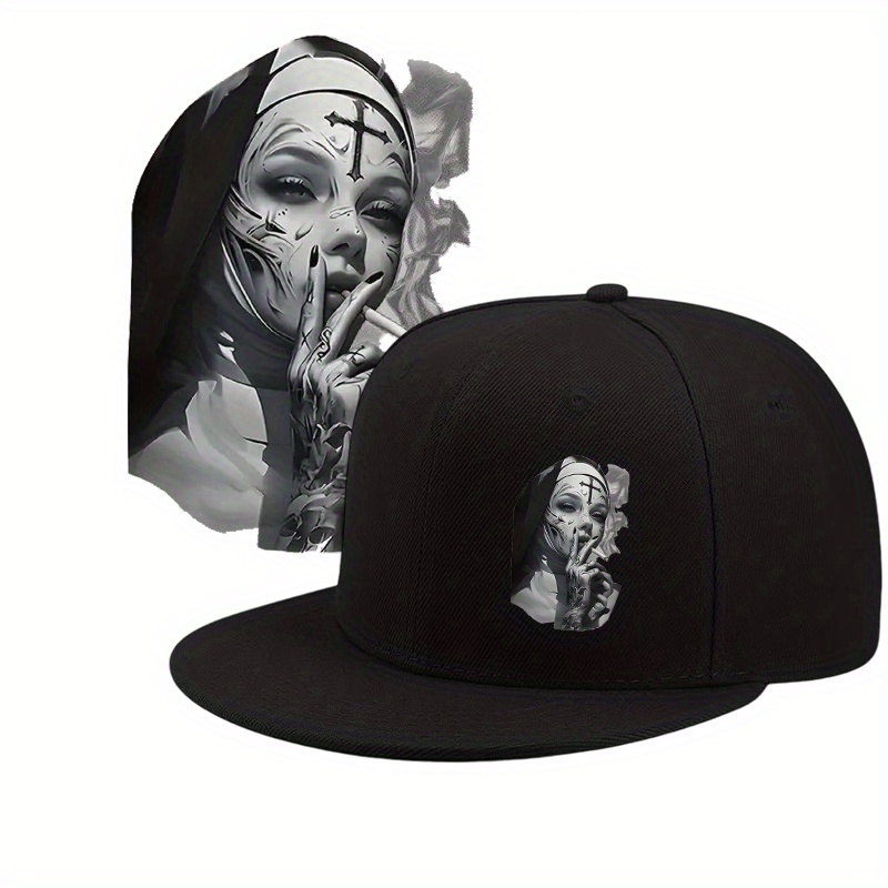 Snapback Hat Flat - หมวกเบสบอลทรงแบนแฟชั่น ปรับขนาดได้ สไตล์วินเทจ ลายกราฟิก Nun หมวกฮิปฮอป