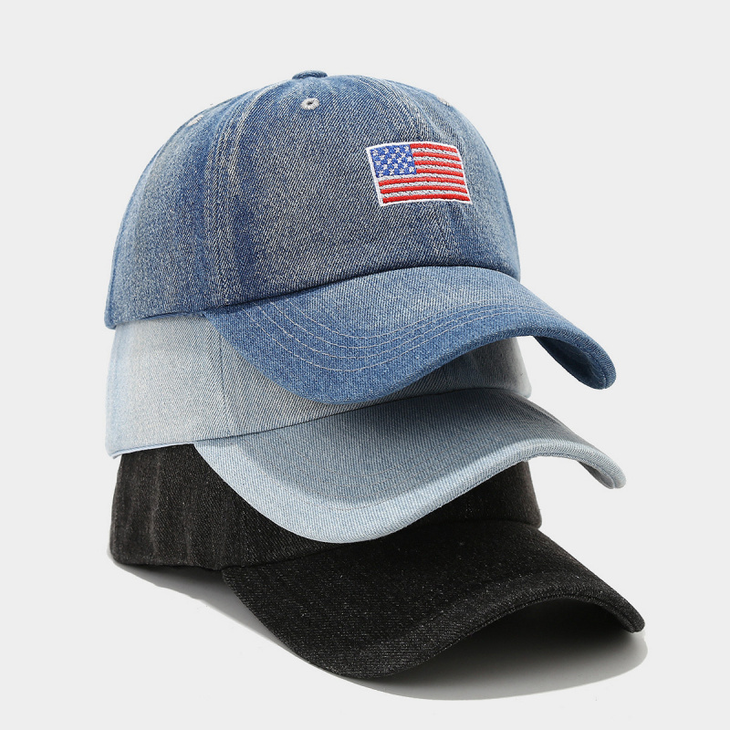 Dad Hat Cotton - หมวกเบสบอลยีนส์วินเทจปักลายธงชาติอเมริกา ปรับขนาดได้ ใส่ได้ทั้งชายและหญิง