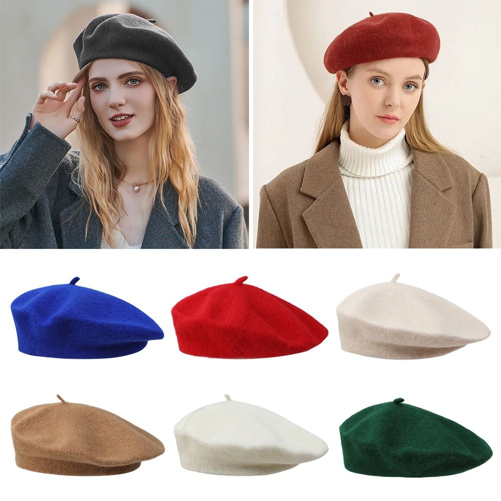 Beret French Wool - หมวกเบเร่ต์ไหมพรมแฟชั่นฤดูหนาว สไตล์เรโทรสุดหรูแบบฝรั่งเศส หมวกศิลปิน สีพื้นเรียบง่ายเข้าได้กับทุกชุด สำหรับสุภาพสตรี
