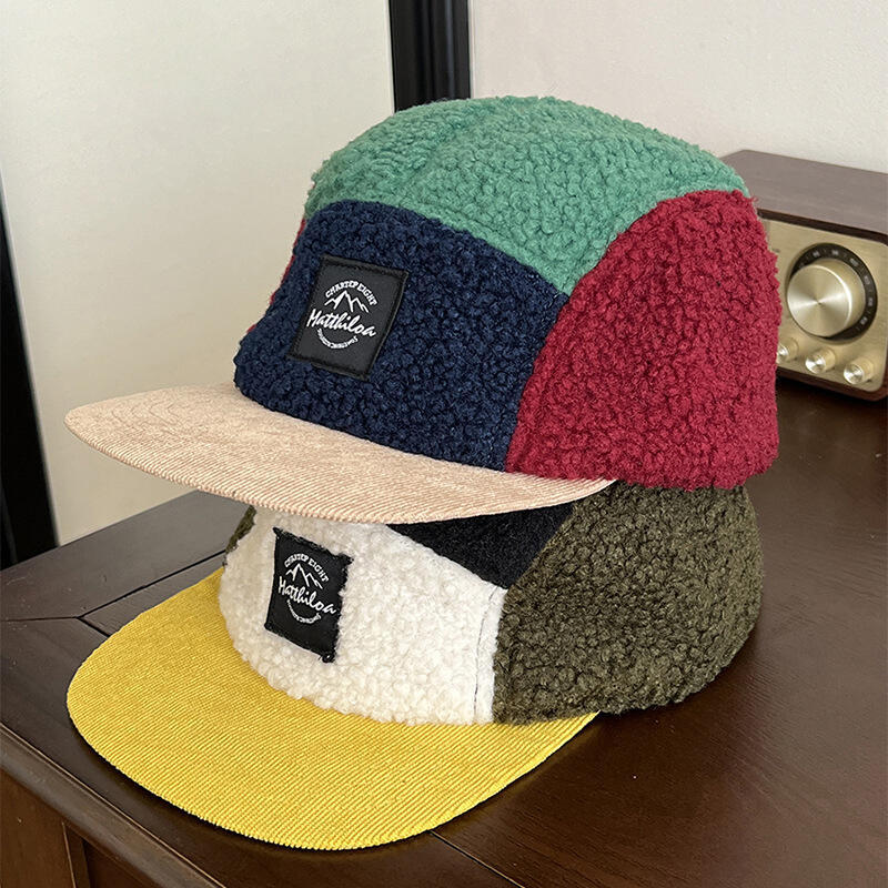 Corduroy Cap 5 Panel - หมวกแก๊ปผ้าฟลีซ 5 แผง สำหรับผู้ชายและผู้หญิง ดีไซน์สีสันตัดต่อ ปีกแบน
