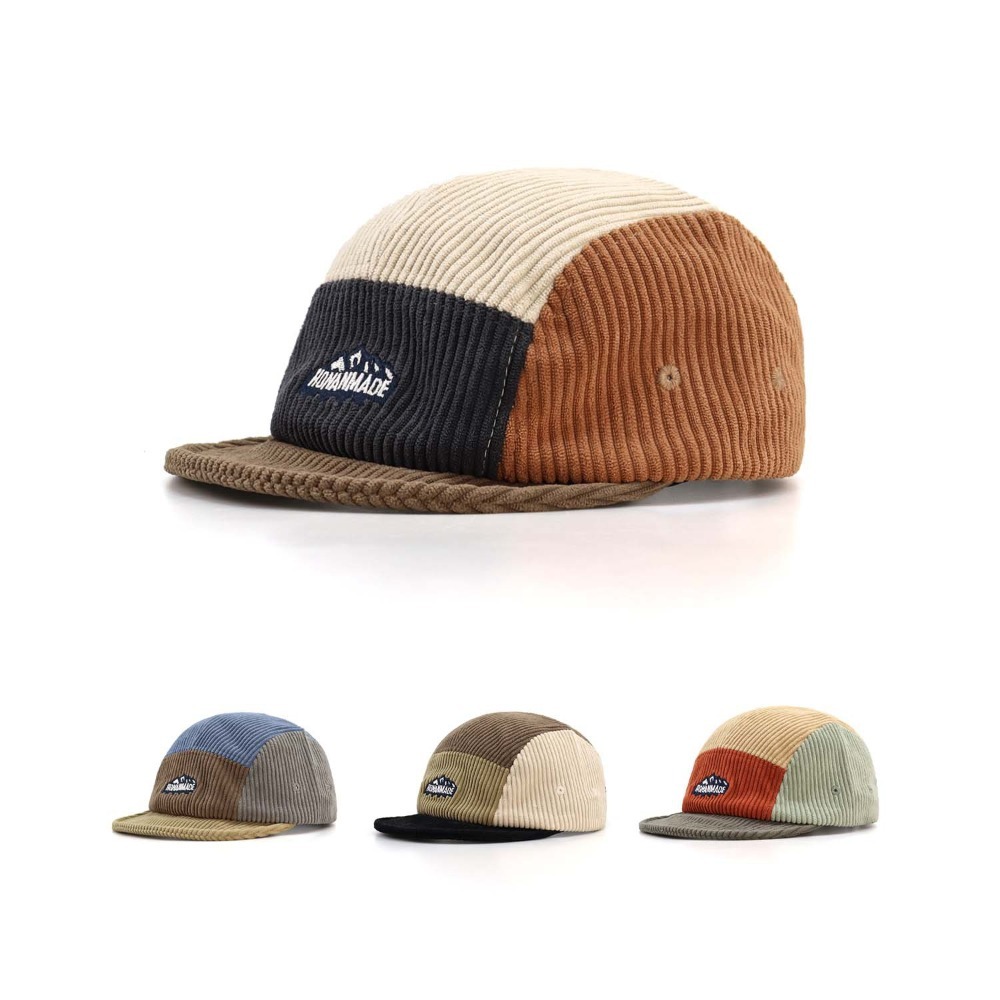 Corduroy Cap 5 Panel - หมวกแก๊ป 5 แผง ปีกสั้น ผ้าคอร์ดูรอยสีดำสไตล์วินเทจ ปักตัวอักษร
