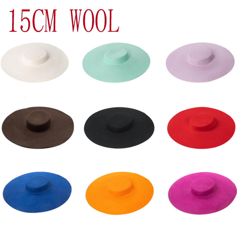 Fedora Hat Wool - หมวกเฟโดร่าทรงแบนสีดำสำหรับผู้หญิง ขนาด 15 ซม. ทำจากผ้าขนสัตว์ ปีกกว้าง