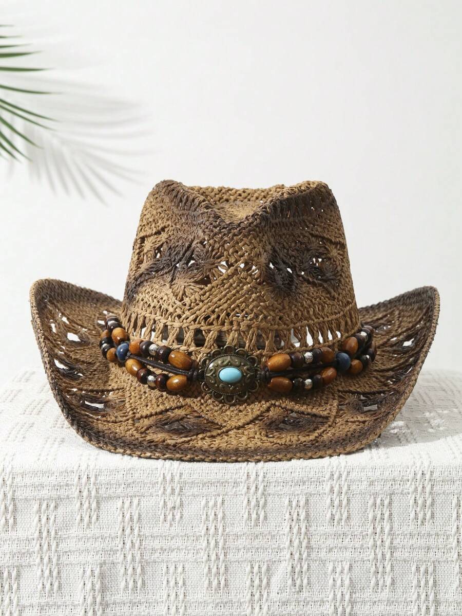 Cowboy Hat Straw - หมวกคาวบอยปีกกว้างพิมพ์ลาย ตกแต่งด้วยลูกปัด 1 ชิ้น สำหรับทุกเพศ เหมาะสำหรับฤดูร้อน