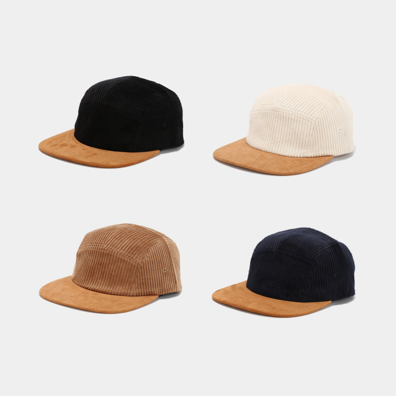 Corduroy Cap 5 Panel - หมวกแก๊ปคอร์ดูรอย 5 ชิ้นแบบเรโทร ขอบผ้าหนังกลับ ปรับขนาดได้ หมวกสเก็ตบอร์ดสำหรับทุกเพศ