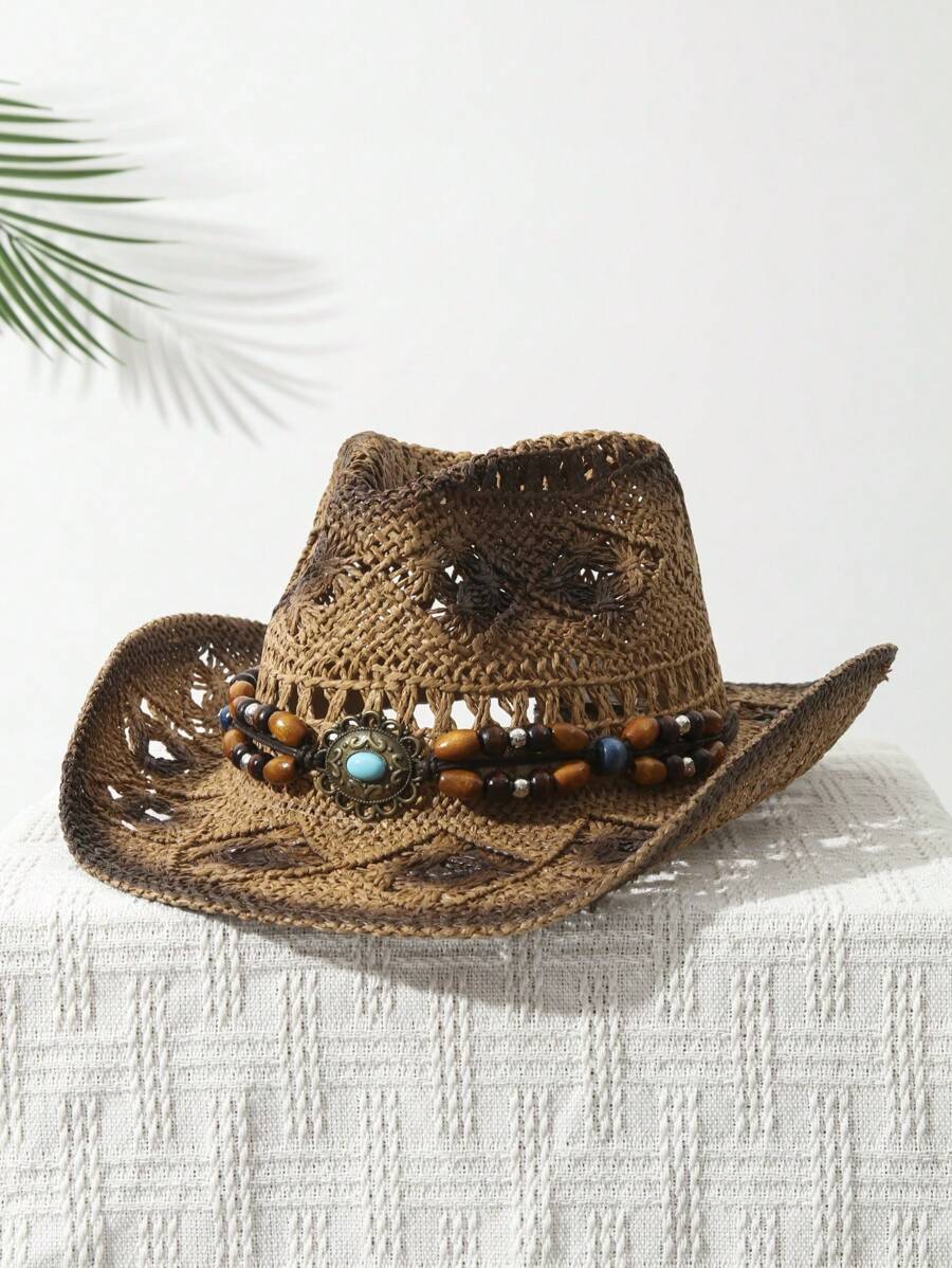 หมวกคาวบอยปีกกว้างพิมพ์ลาย ตกแ - Cowboy Hat Straw บทวิจารณ์และราคา
