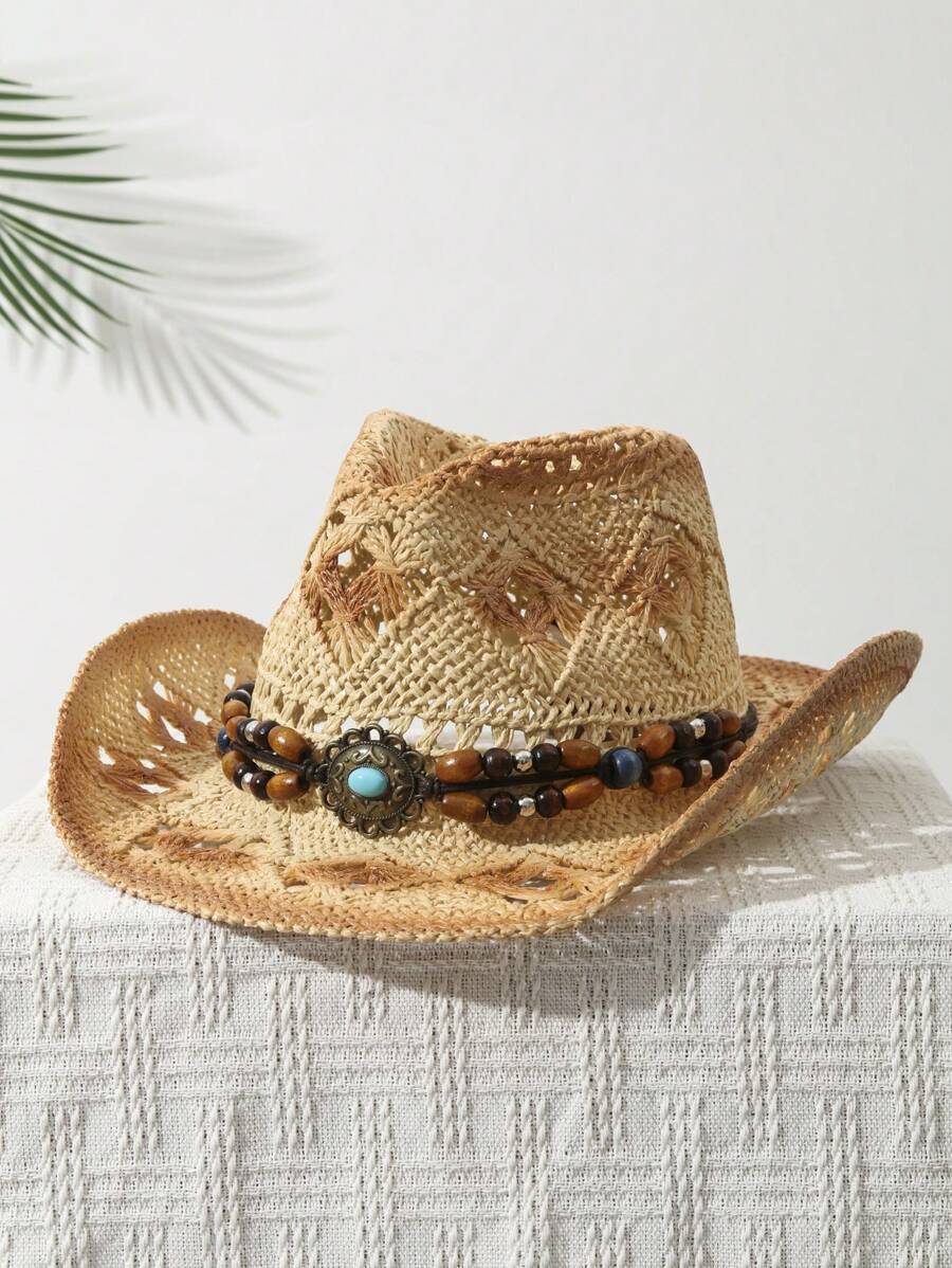 หมวกคาวบอยปีกกว้างพิมพ์ลาย ตกแ - Cowboy Hat Straw บทวิจารณ์และราคา